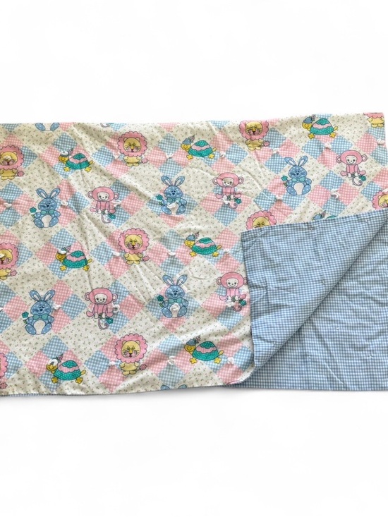 Other - VTG Pastel Gingham Crib Quilt Puff Blanket Animals Lion Bunny Monkey 43x60